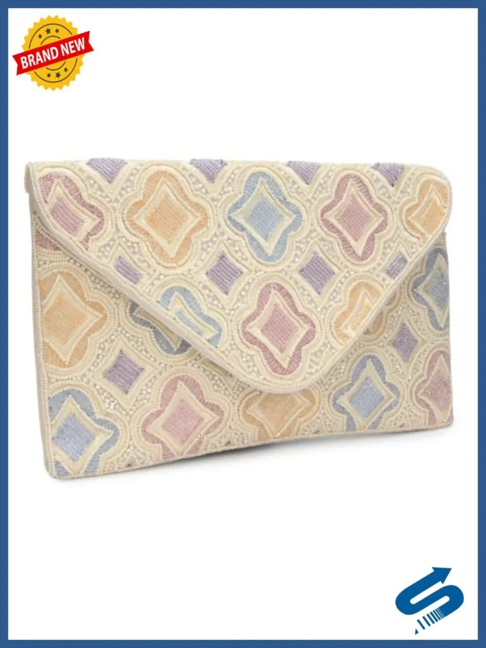 Beaded Evening Clutch with Detachable Chain Strap - Geometric Pattern Handbag